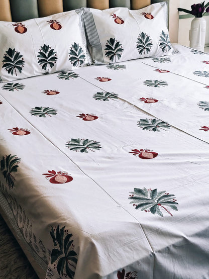 Green Anaar Block Printed Bedsheet with Two Reversible Pillow Covers - Bichhavans