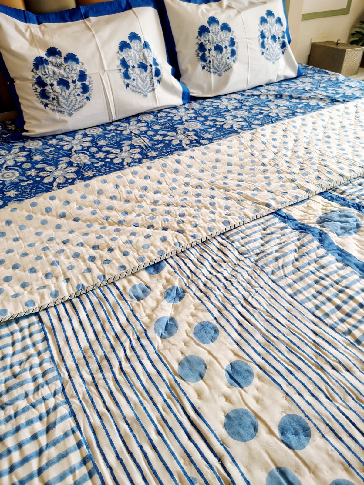 Blue Dot Hand Block Reversible Bed Quilt - Bichhavans