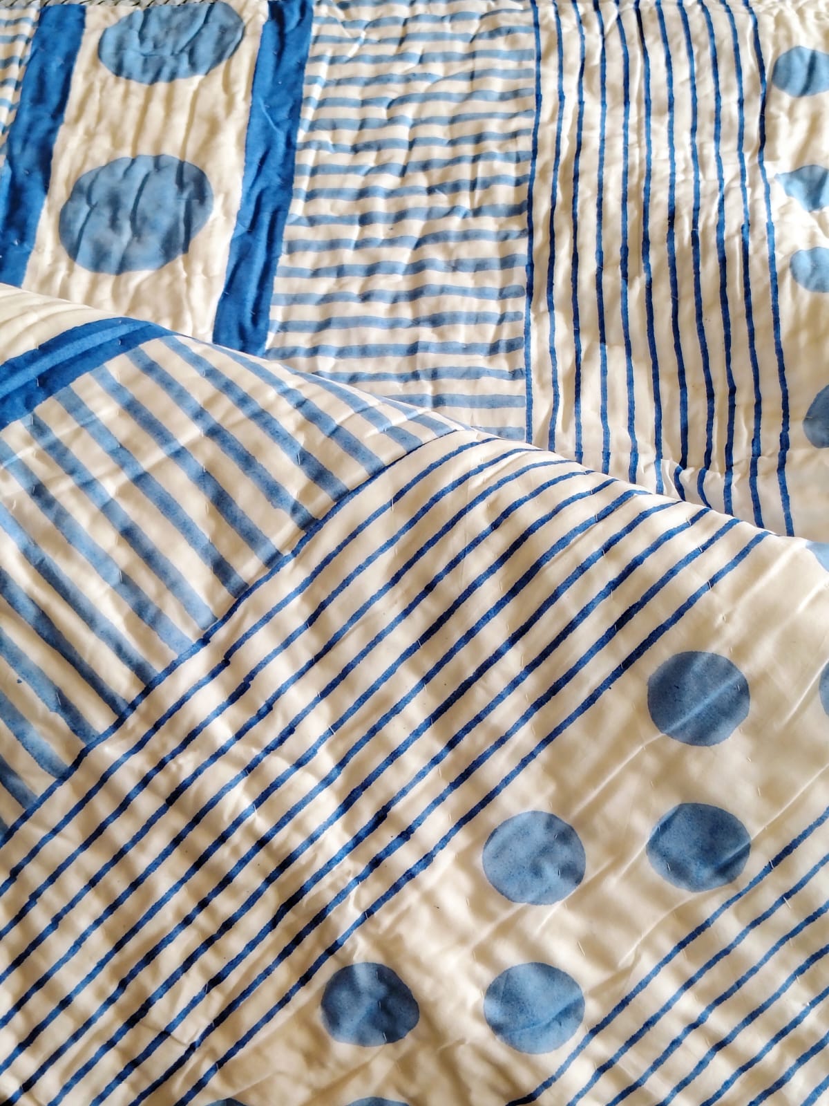 Blue Dot Hand Block Reversible Bed Quilt - Bichhavans