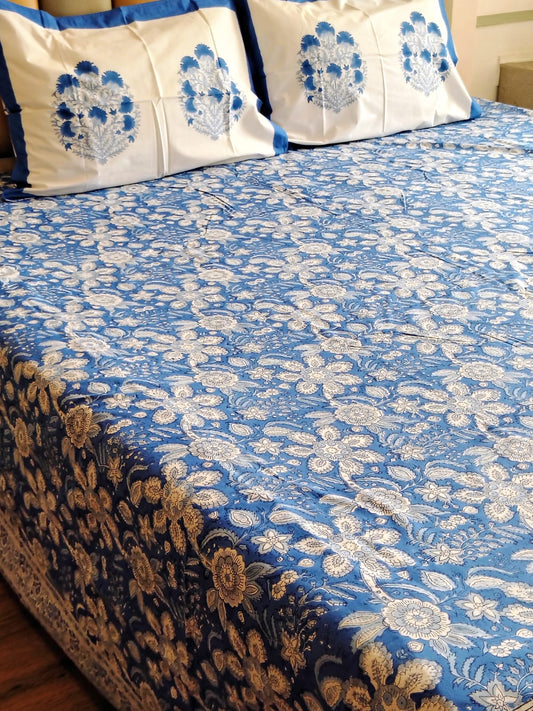 Blue Floral Block Printed Bedsheet with Two Reversible Pillow Covers - Bichhavans