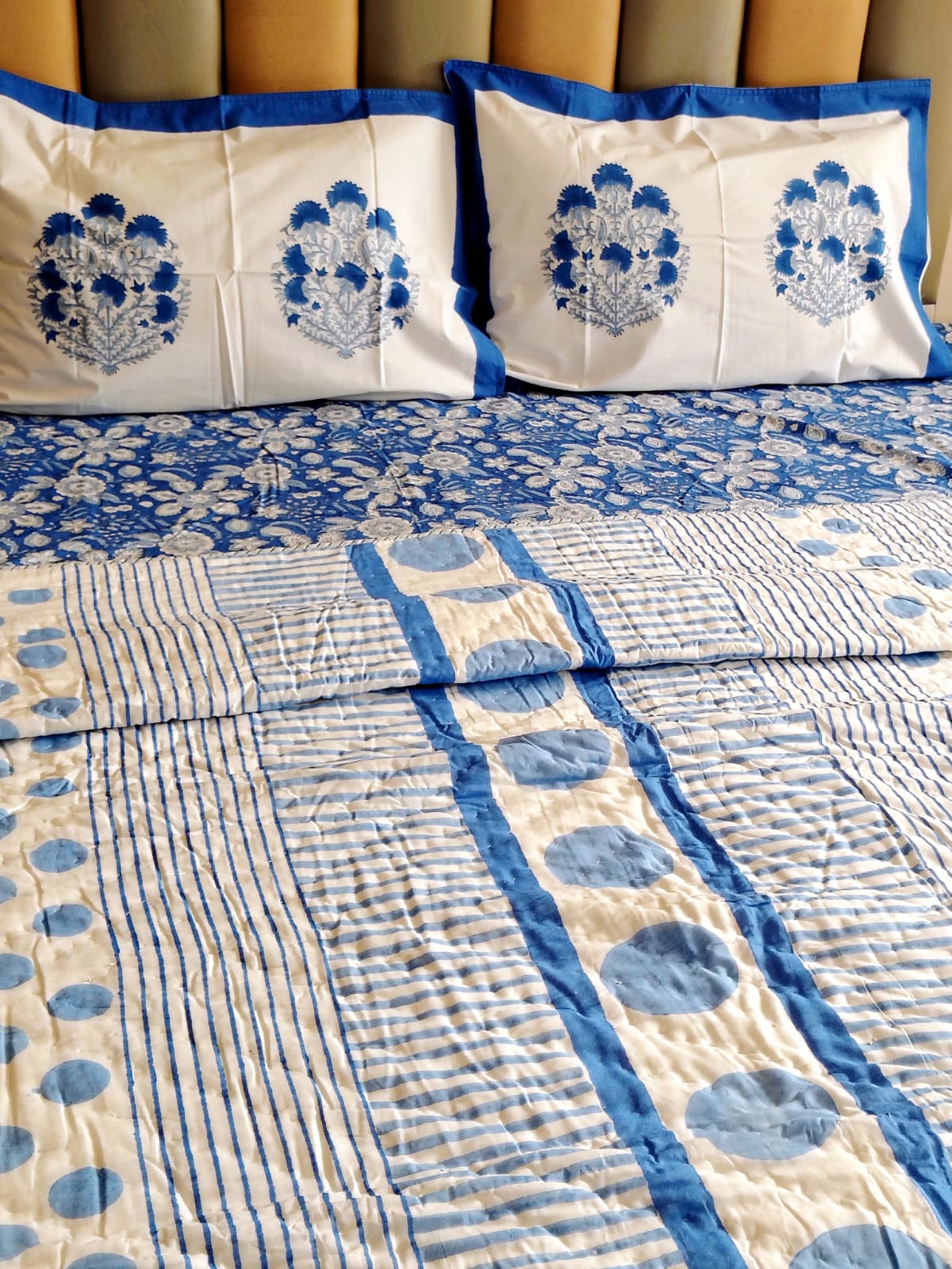 Blue Dot Hand Block Reversible Bed Quilt - Bichhavans
