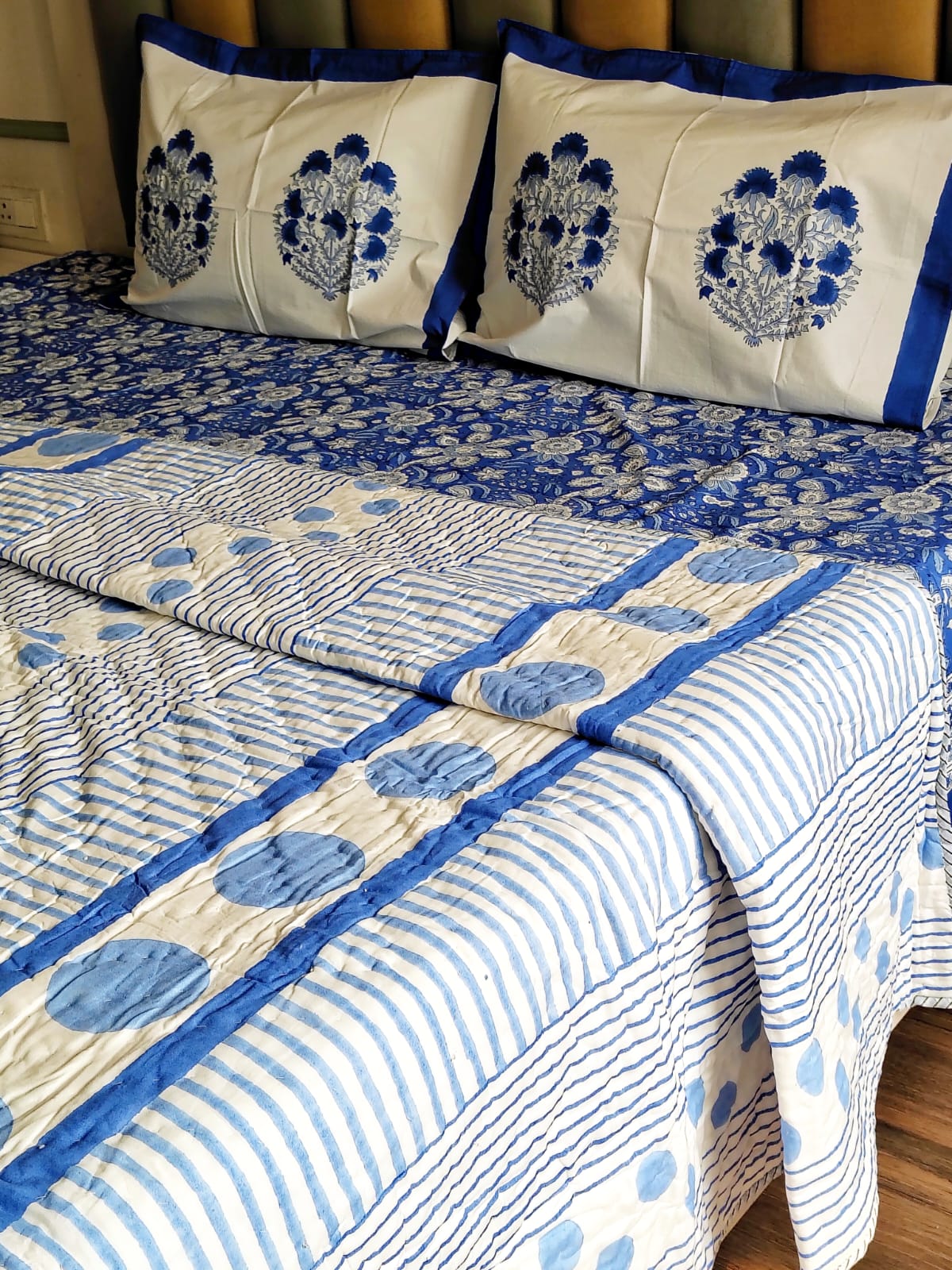 Blue Dot Hand Block Reversible Bed Quilt - Bichhavans