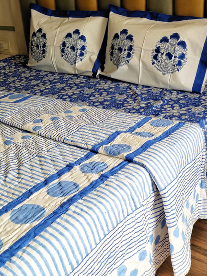 Blue Dot Hand Block Reversible Bed Quilt - Bichhavans