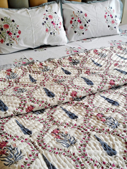 Mughal Jaal Hand Block Reversible Bed Quilt - Bichhavans