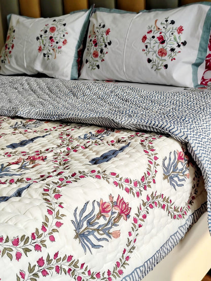 Mughal Jaal Hand Block Reversible Bed Quilt - Bichhavans