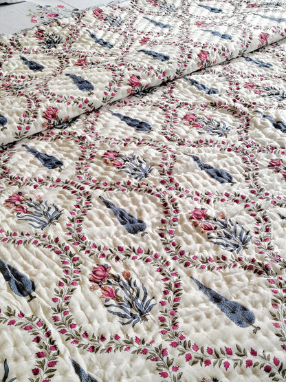 Mughal Jaal Hand Block Reversible Bed Quilt - Bichhavans