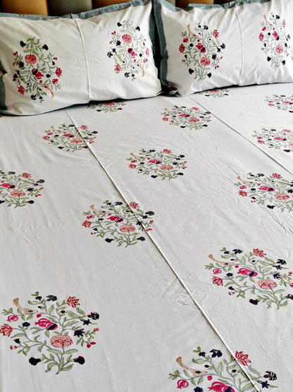 Parrot Block Printed Bedsheet with Two Reversible Pillow Covers - Bichhavans