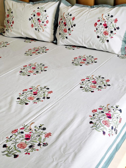 Parrot Block Printed Bedsheet with Two Reversible Pillow Covers - Bichhavans