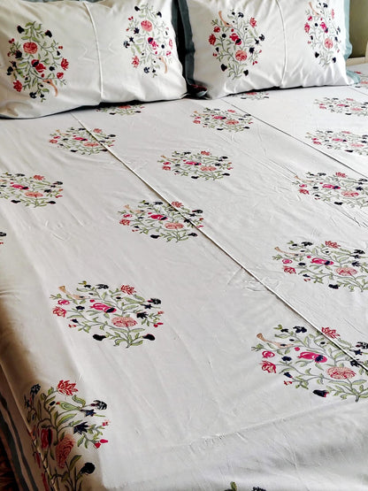 Parrot Block Printed Bedsheet with Two Reversible Pillow Covers - Bichhavans