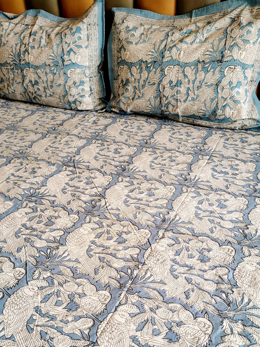 White Owl Block Printed Bedsheet with Two Reversible Pillow Covers - Bichhavans