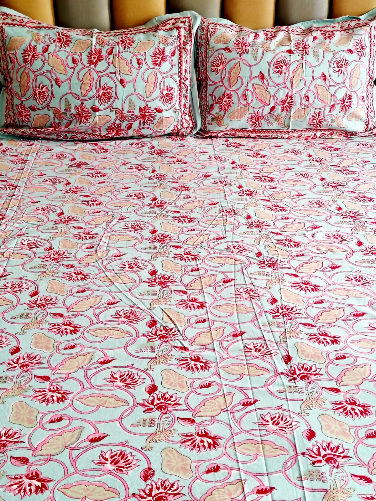 Blue Lotus Block Printed Bedsheet with Two Reversible Pillow Covers - Bichhavans