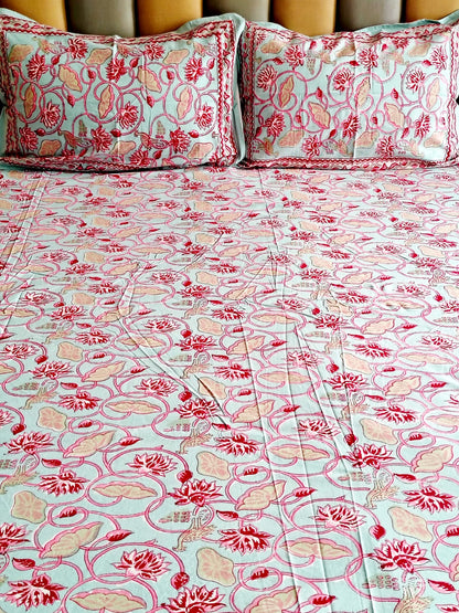 Blue Lotus Block Printed Bedsheet with Two Reversible Pillow Covers - Bichhavans