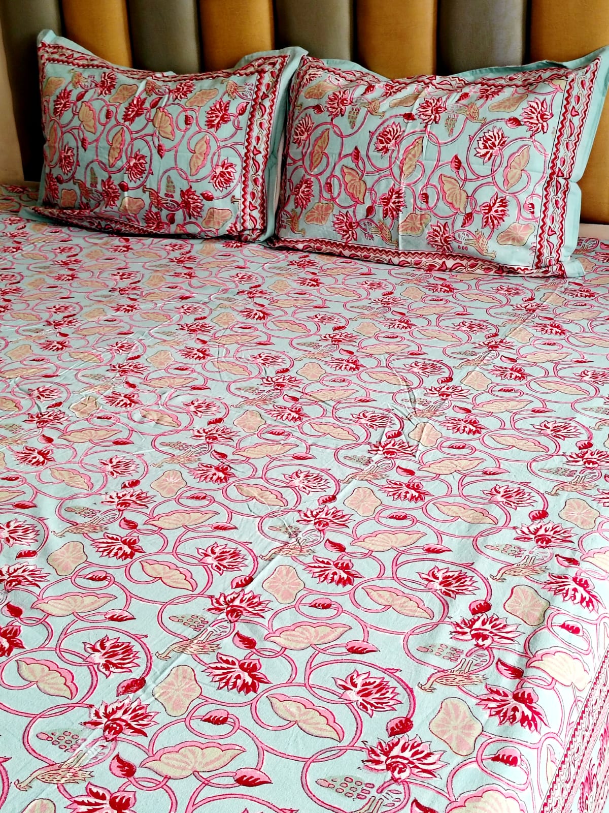 Blue Lotus Block Printed Bedsheet with Two Reversible Pillow Covers - Bichhavans