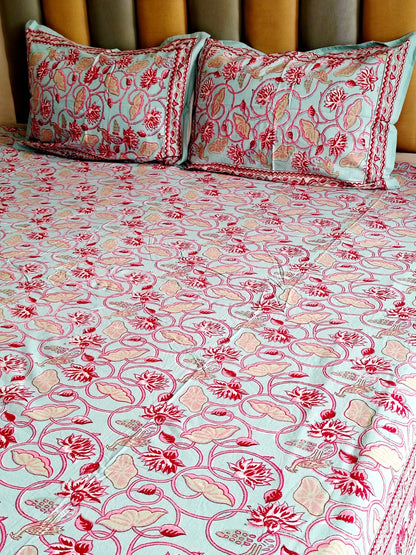 Blue Lotus Block Printed Bedsheet with Two Reversible Pillow Covers - Bichhavans