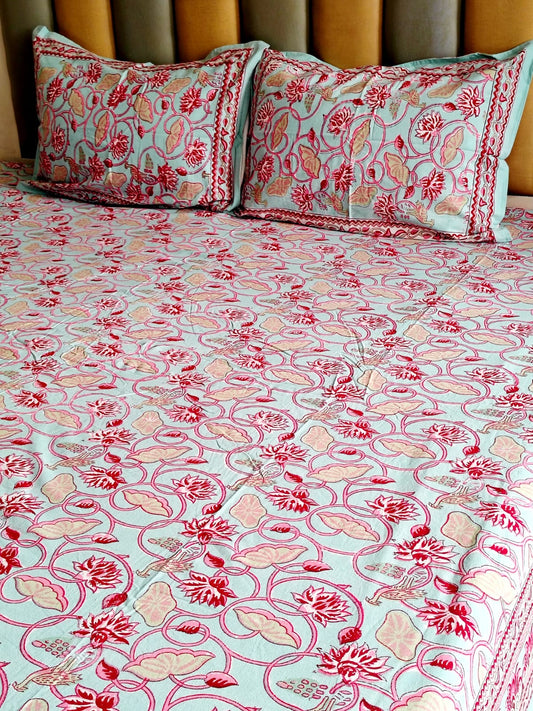 Blue Lotus Block Printed Bedsheet with Two Reversible Pillow Covers - Bichhavans