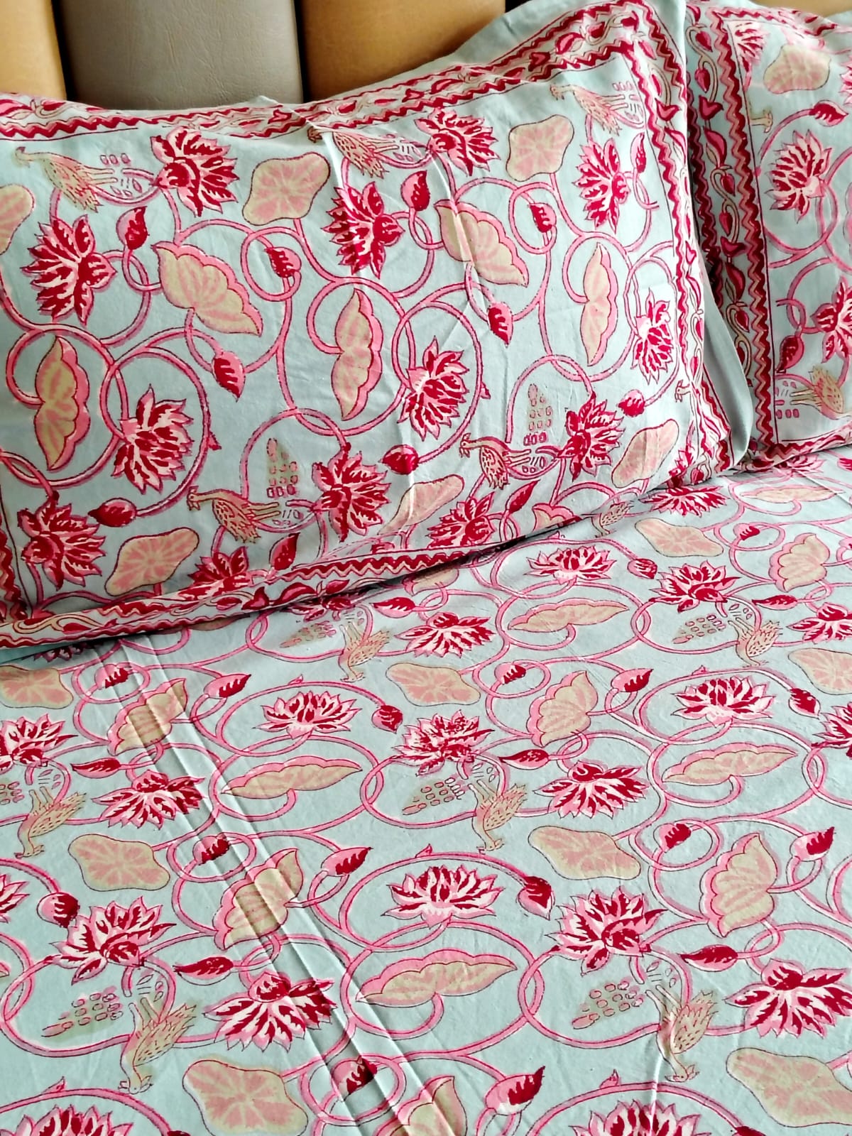 Blue Lotus Block Printed Bedsheet with Two Reversible Pillow Covers - Bichhavans
