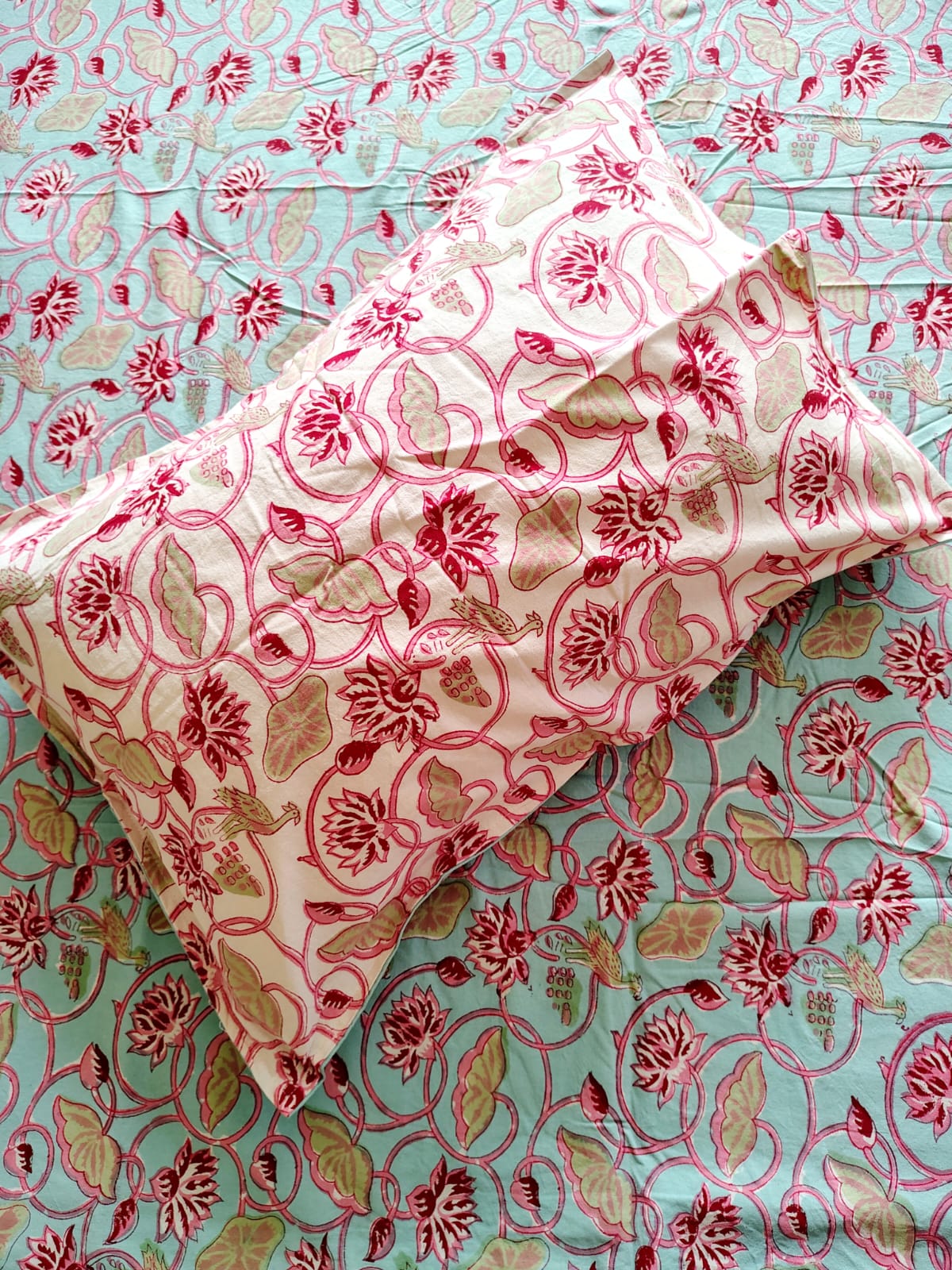 Blue Lotus Block Printed Bedsheet with Two Reversible Pillow Covers - Bichhavans