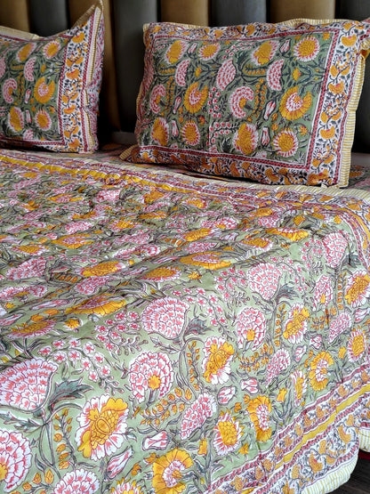 Yellow Marie Hand Block Print Bedsheet & Quilt Set - Bichhavans