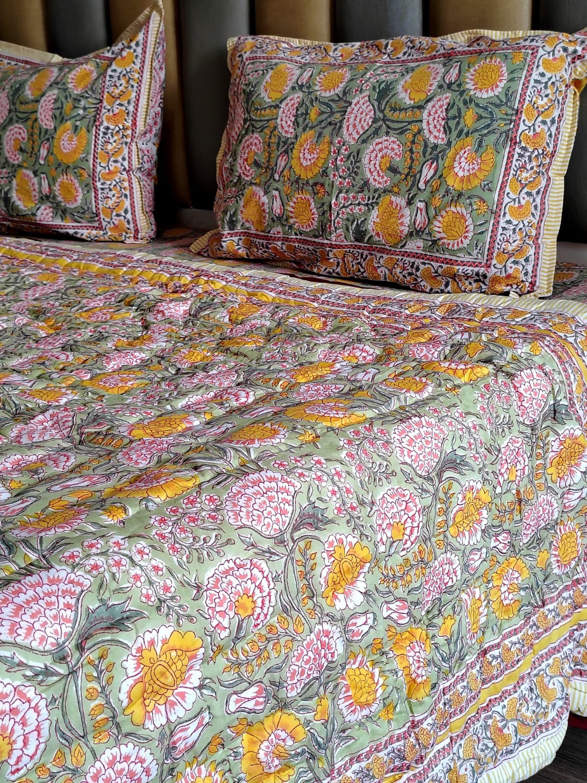 Yellow Marie Hand Block Reversible Quilt - Bichhavans