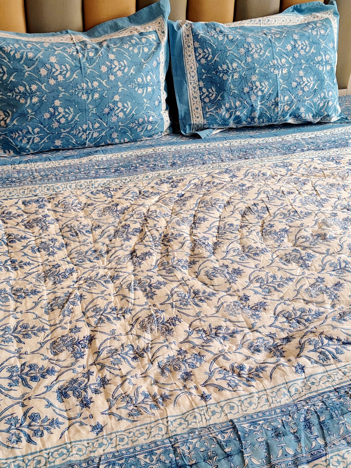 Blue Mughal Floral Hand Block Reversible Quilt - Bichhavans