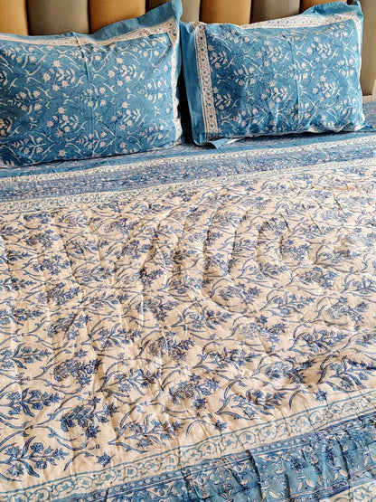 Blue Mughal Floral Hand Block Reversible Quilt - Bichhavans