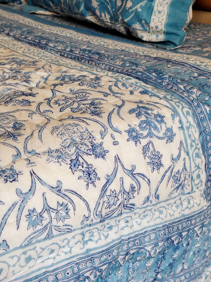 Blue Mughal Floral Hand Block Reversible Quilt - Bichhavans