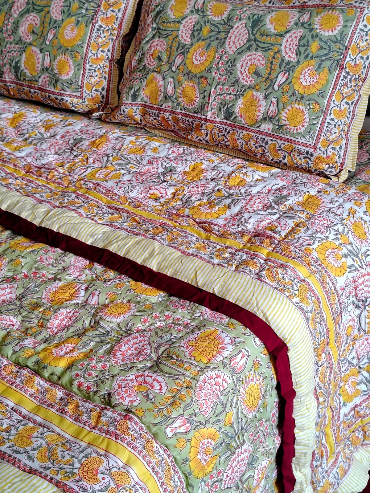 Yellow Marie Hand Block Print Bedsheet & Quilt Set - Bichhavans