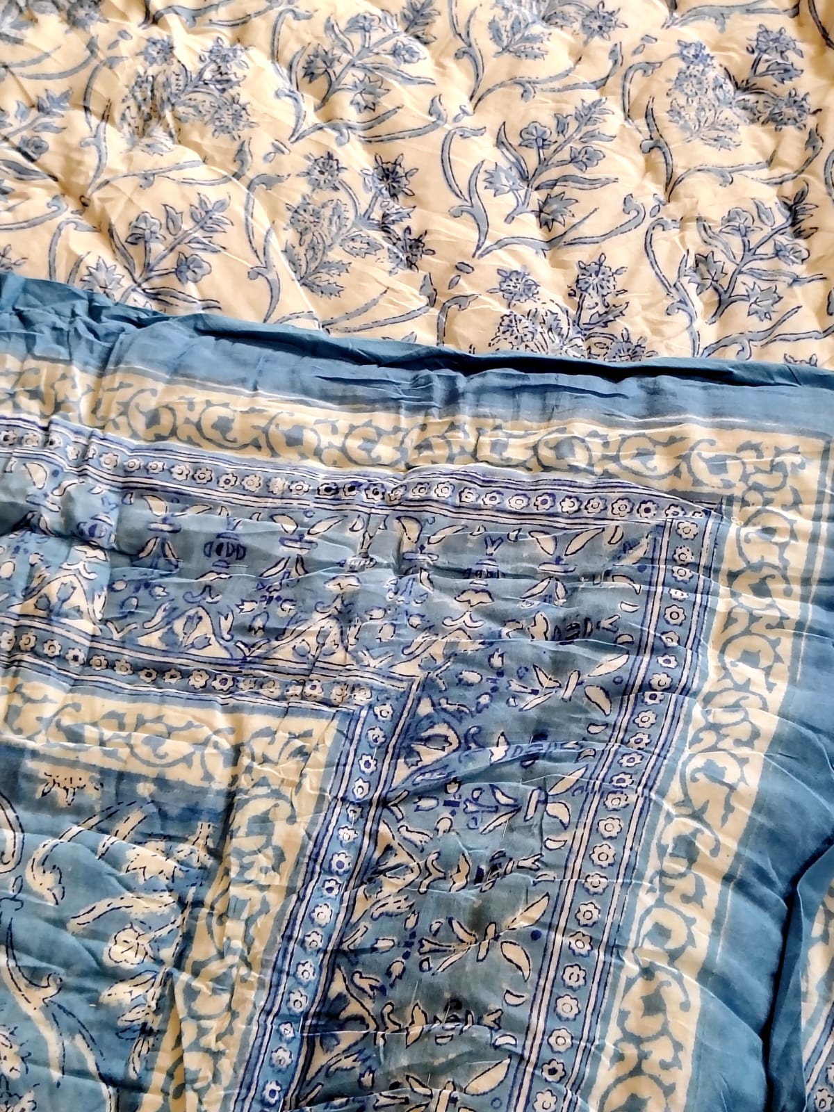 Blue Mughal Floral Hand Block Reversible Quilt - Bichhavans