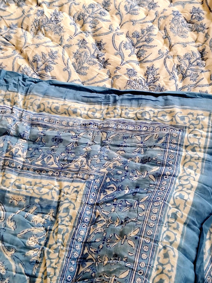 Blue Mughal Floral Hand Block Reversible Quilt - Bichhavans