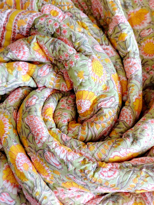 Yellow Marie Hand Block Reversible Quilt - Bichhavans
