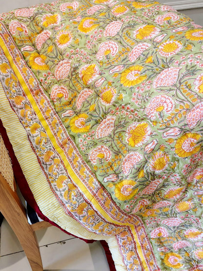 Yellow Marie Hand Block Print Bedsheet & Quilt Set - Bichhavans