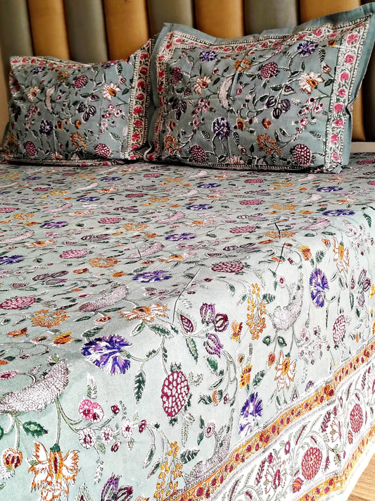 Green Floral Block Printed Bedsheet with Two Reversible Pillow Covers - Bichhavans