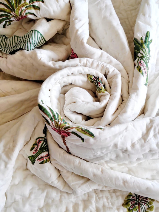 Banana Tree Hand Block Reversible Quilt - Bichhavans