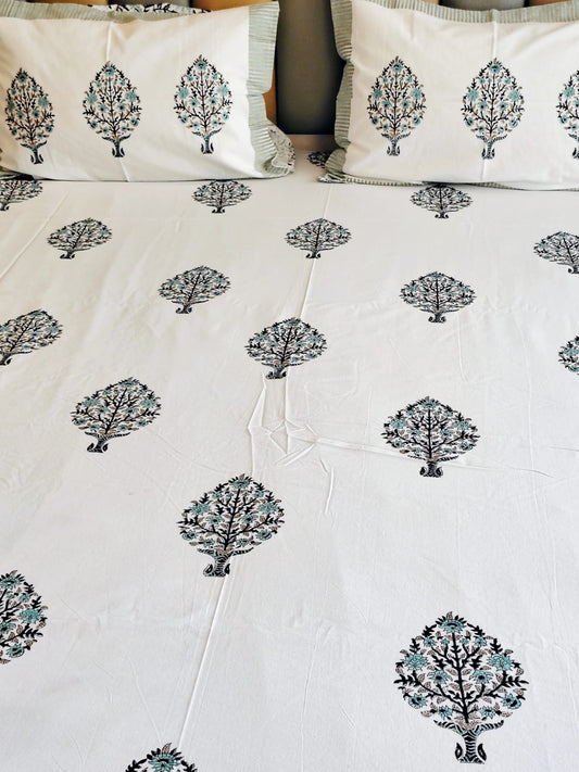 White Tree Block Printed Bedsheet with Two Reversible Pillow Covers - Bichhavans