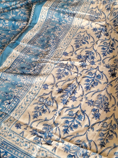 Blue Mughal Hand Block Matching Bedsheet & Dohar Set - Bichhavans