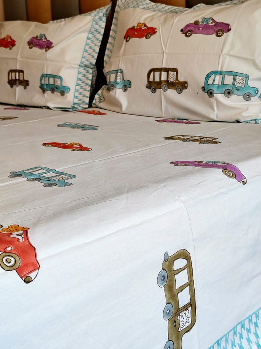 Car Block Printed Bedsheet with Two Reversible Pillow Covers - Bichhavans