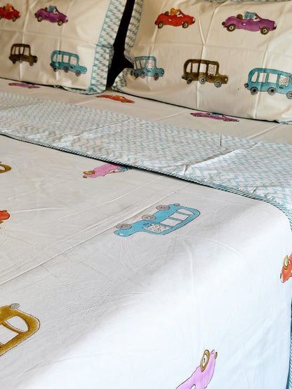Car Hand Block Matching Bedsheet & Dohar Set - Bichhavans