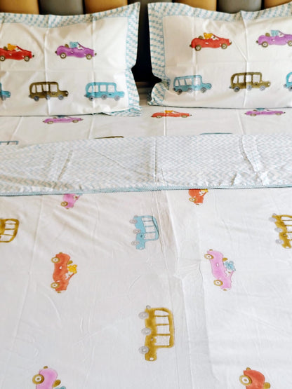 Car Hand Block Matching Bedsheet & Dohar Set - Bichhavans