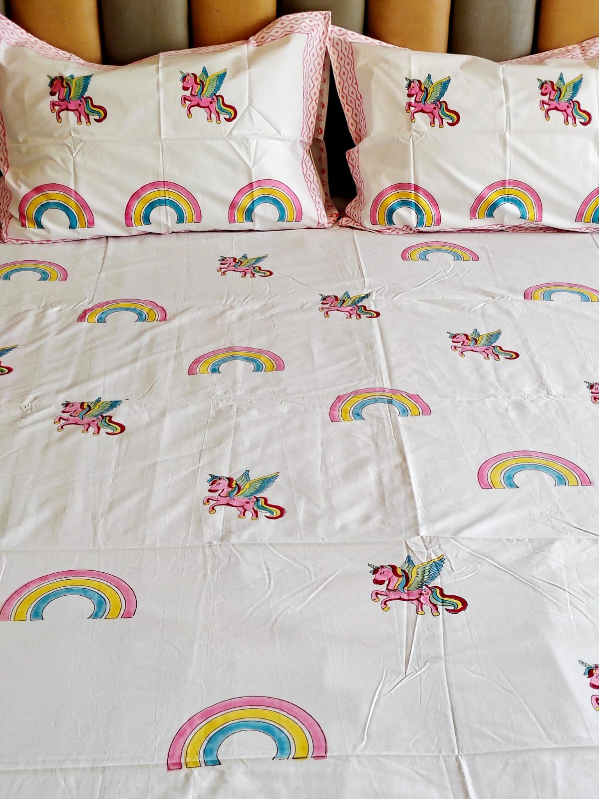 Unicorn Block Printed Bedsheet with Two Reversible Pillow Covers - Bichhavans