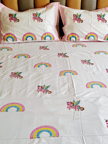 Unicorn Block Printed Bedsheet with Two Reversible Pillow Covers - Bichhavans