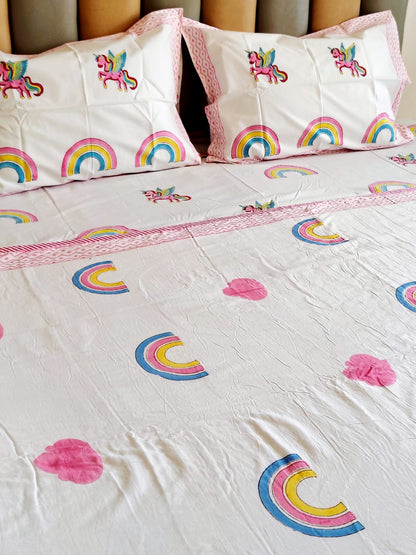 Unicorn Hand Block Matching Bedsheet & Dohar Set - Bichhavans