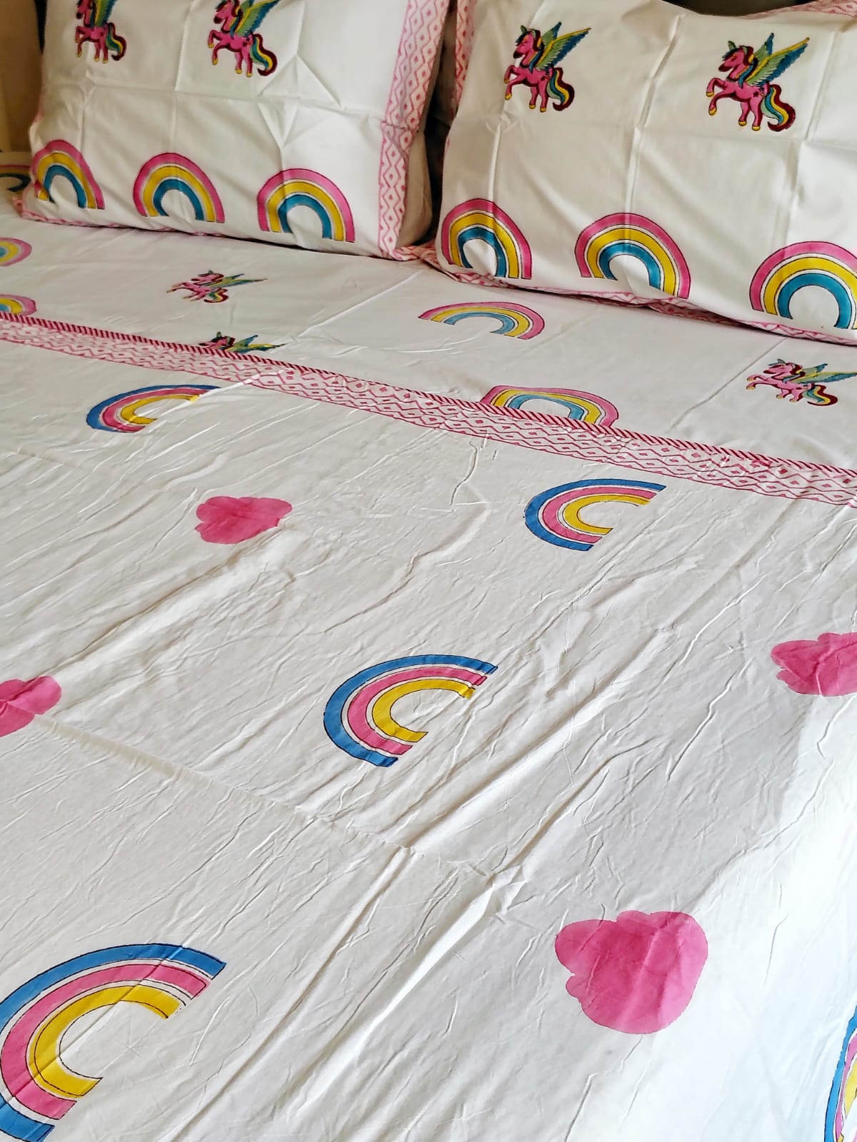 Unicorn Hand Block Matching Bedsheet & Dohar Set - Bichhavans