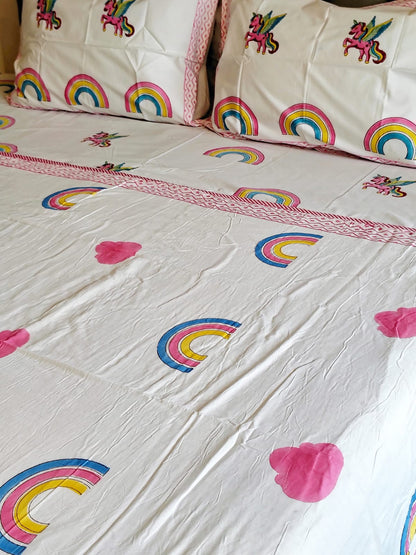 Unicorn Hand Block Matching Bedsheet & Dohar Set - Bichhavans