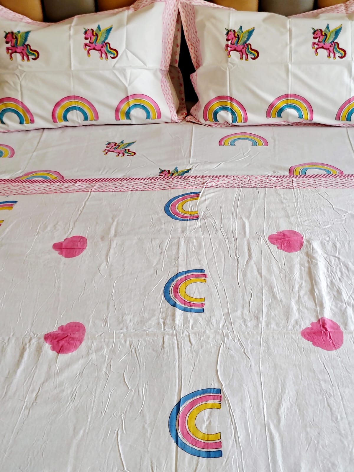 Unicorn Hand Block Matching Bedsheet & Dohar Set - Bichhavans