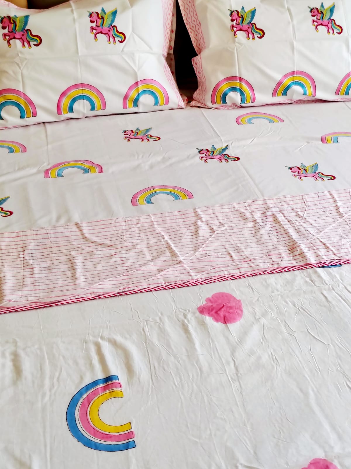 Unicorn Hand Block Matching Bedsheet & Dohar Set - Bichhavans