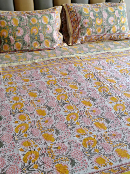 Yello Marie Hand Block Matching Bedsheet & Dohar Set - Bichhavans