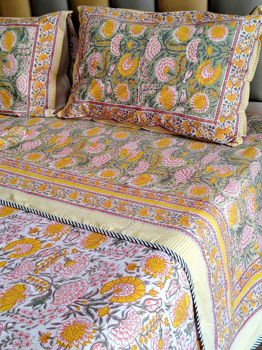 Yello Marie Hand Block Matching Bedsheet & Dohar Set - Bichhavans