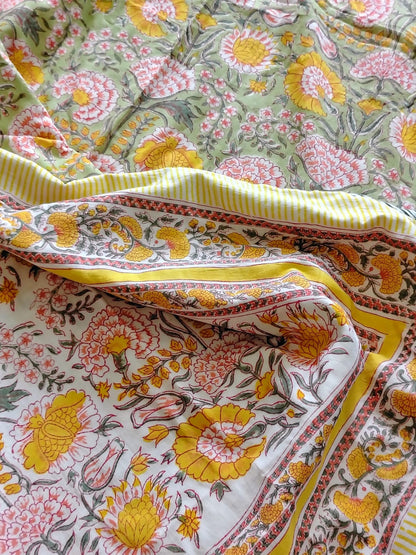 Yellow Marie Hand Block Reversible Dohar - Bichhavans
