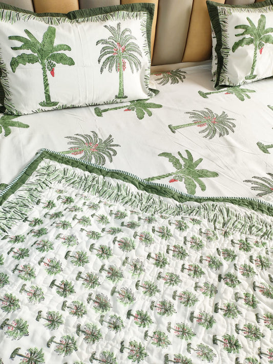 Palm Tree Block Print Bedsheet and Bedcover - 4 Piece Combo