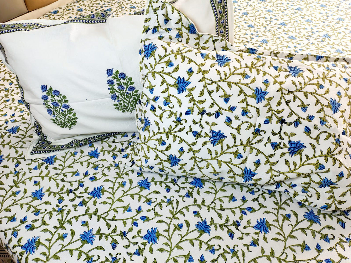 Blue Floral Jaal Block Printed Bedsheet with Two Reversible Pillow Covers
